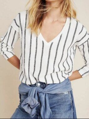 AANTHROPOLOGIE Willa Textured Gauze Striped V-Neck Long Sleeved Top, PETITE Med
